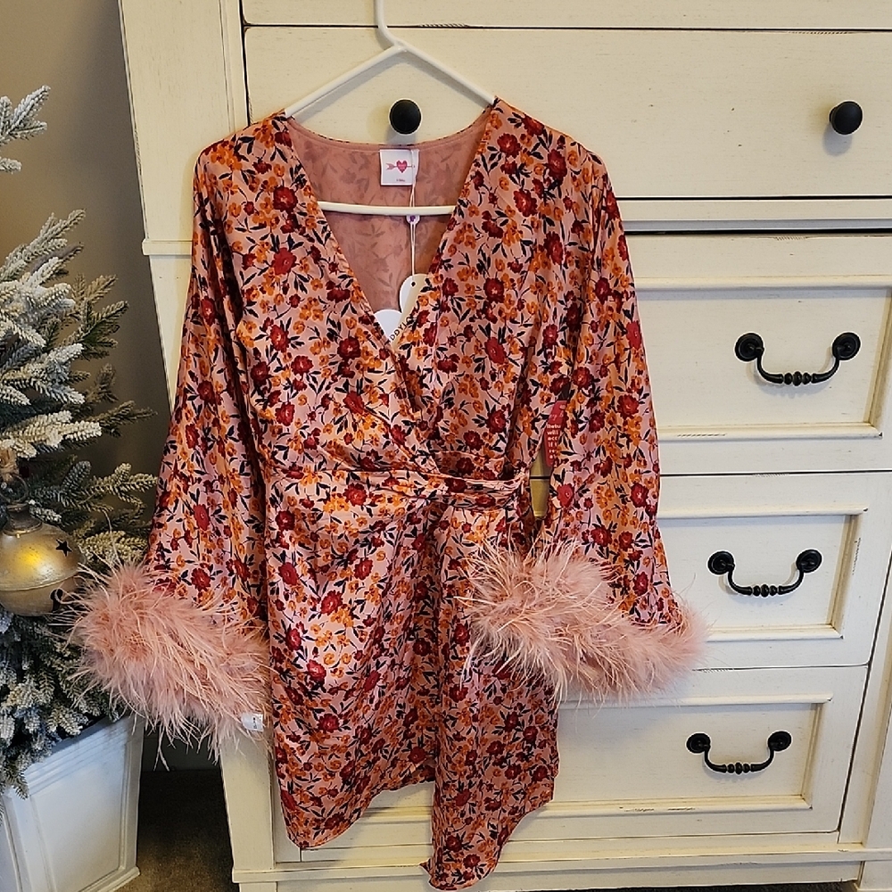 Buddy Love Floral Wrap Dress with Feather Cuffs